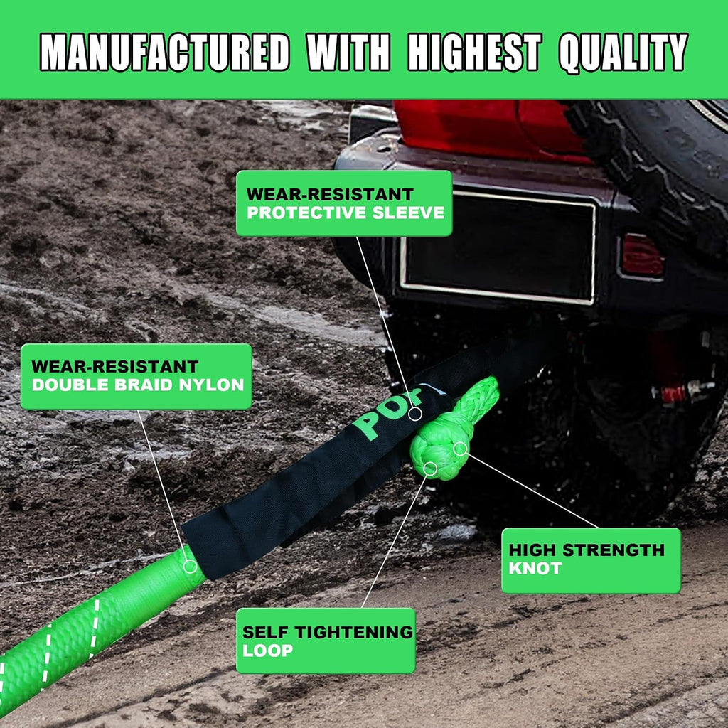 Kinetic Recovery Rope,(1in x 30ft Green) 48,500lbs Snatch Strap, Heavy Duty Stretch Nylon Towing Ropes with 2pcs Soft