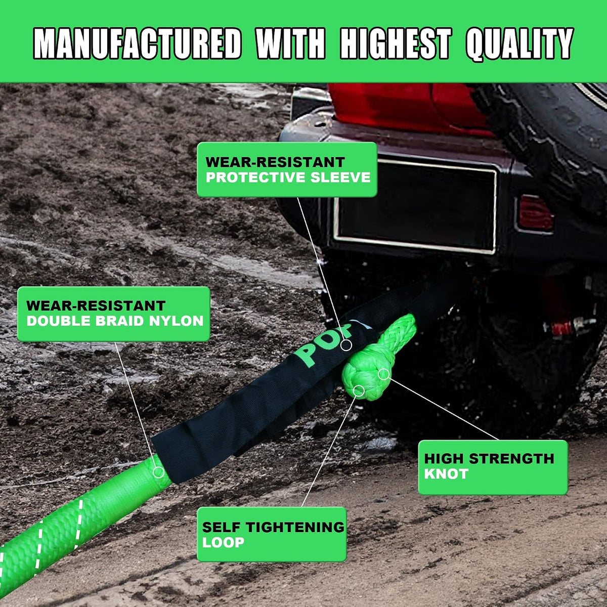 Kinetic Recovery Rope,(1in x 30ft Green) 48,500lbs Snatch Strap, Heavy Duty Stretch Nylon Towing Ropes with 2pcs Soft