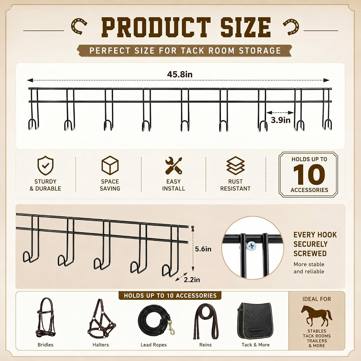 10 Hook 2 Pcs Bridle Hooks Tack Room Metal Wall Hangers Rack, Black