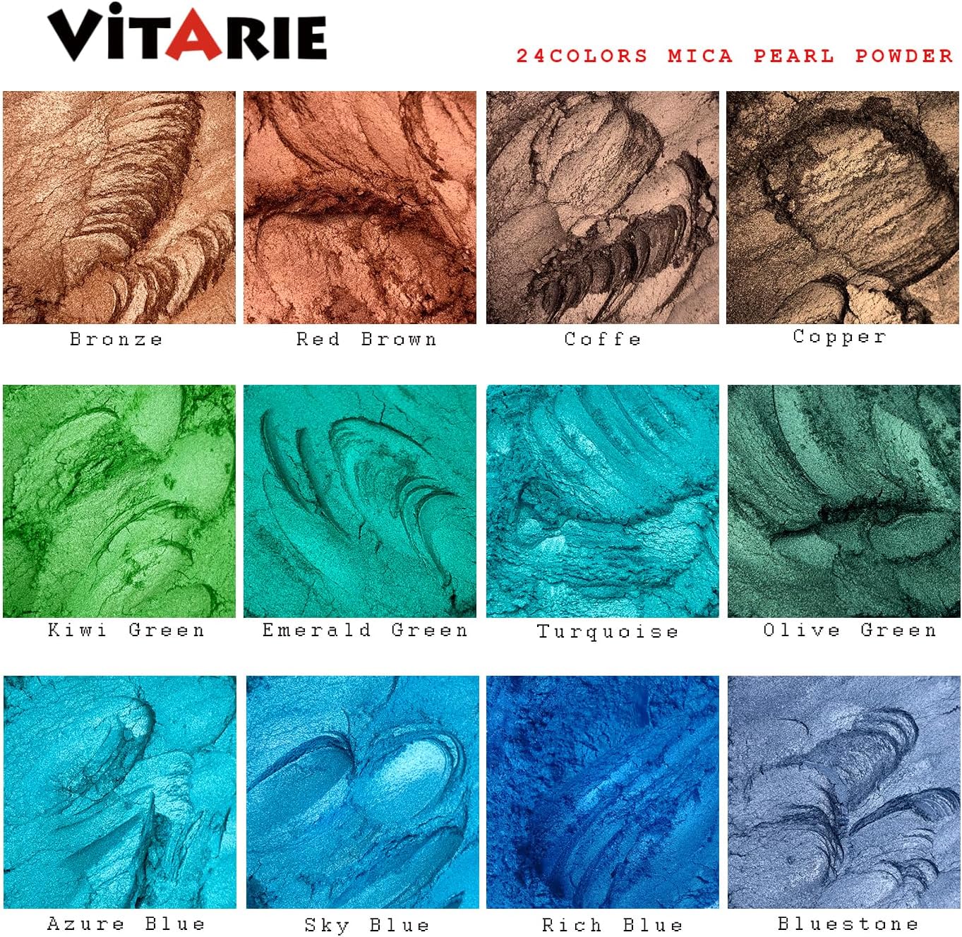 Mica Powder for Lip Gloss, Skin, Nails, Soap Making, Bath Bombs, Epoxy Resin, Art Crafts, 24 Colors(0.11oz) Each