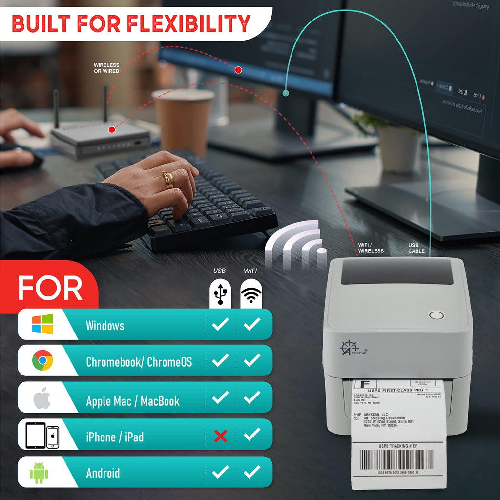 2054K-WF Shipping Label Printer USB & WiFi Connection, Work w/iPhone Windows Mac Chromebook Android Support Amazon