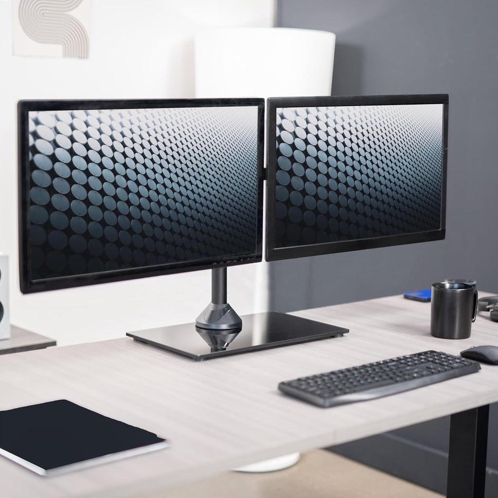 Freestanding Dual Monitor Stand with Sleek Glass Base and Adjustable Arms, Mounts 2 Screens up to 32 inch and 22 lbs