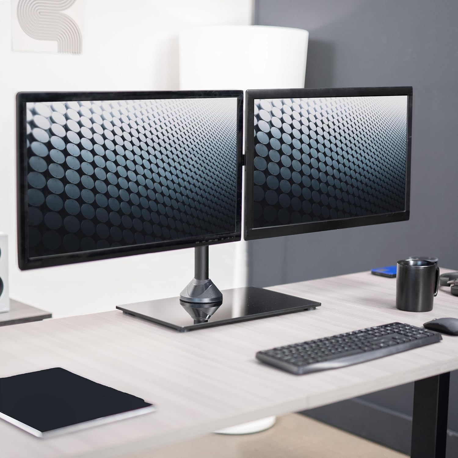 Freestanding Dual Monitor Stand with Sleek Glass Base and Adjustable Arms, Mounts 2 Screens up to 32 inch and 22 lbs