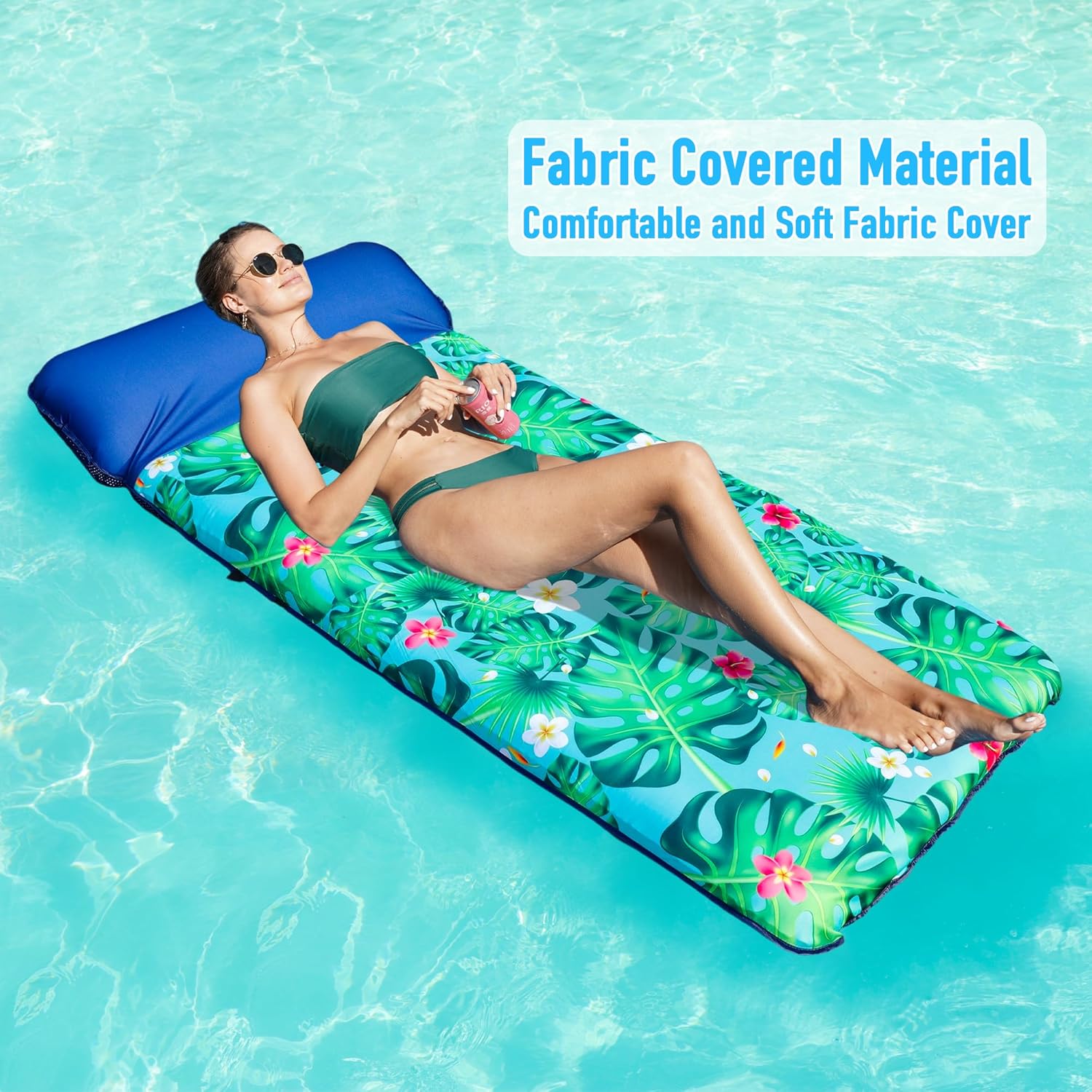 Oversized Pool Floats for Adults - 72" X 38" Extra Large Fabric Covered Inflatable Pool Lounger with Headrest, Pool