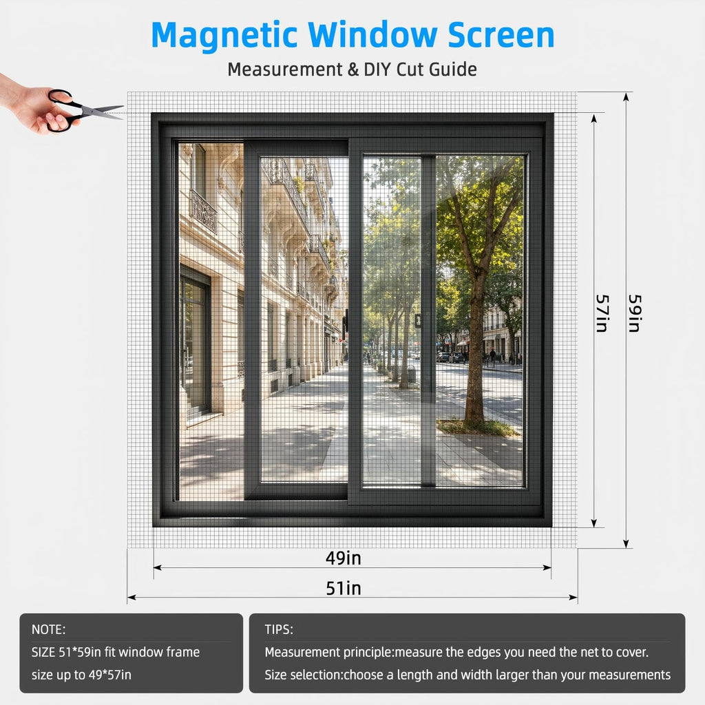 Adjustable Magnetic Window Screen Max 51" x 59", White Frame,Polyester mesh