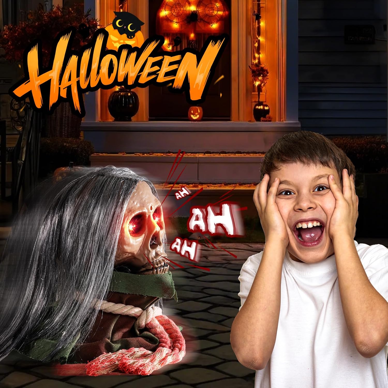 Halloween Animatronic Decorations,Creepy Moving Skeleton Prop with Sounds and Flashing Red Eyes,Voice-Activated