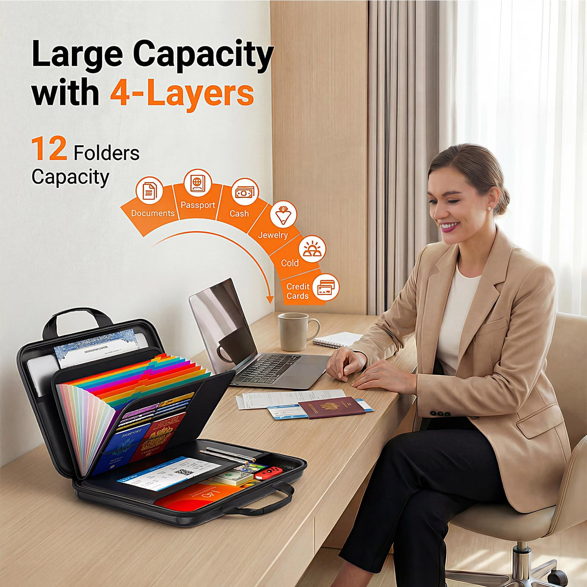 Fireproof Document Organizer with Lock, Semi-Rigid EVA Shell File Box with 13-Pocket Accordion Folder
