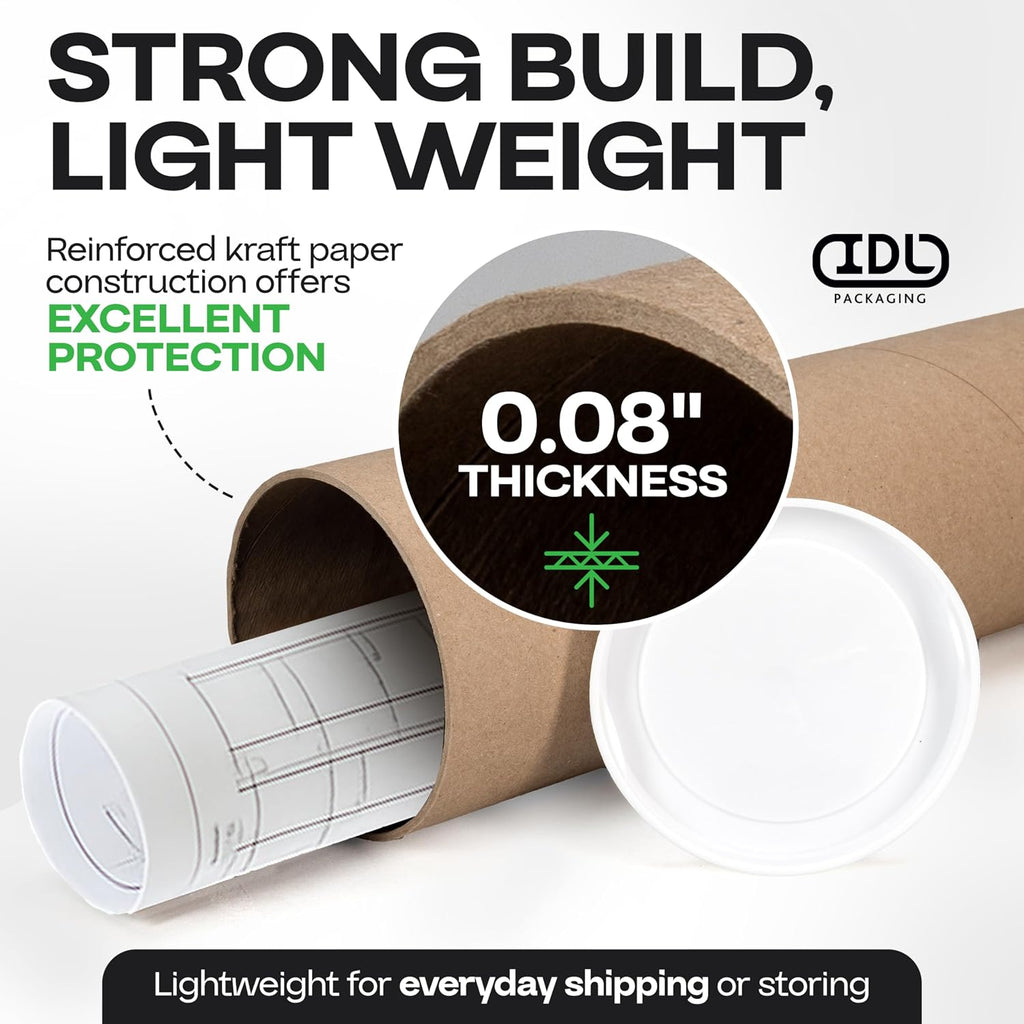 Cardboard Mailing Tube, 3" x 24" with Plastic Caps - USA-Made USPS Approved Poster Tube for Documents & Blueprints