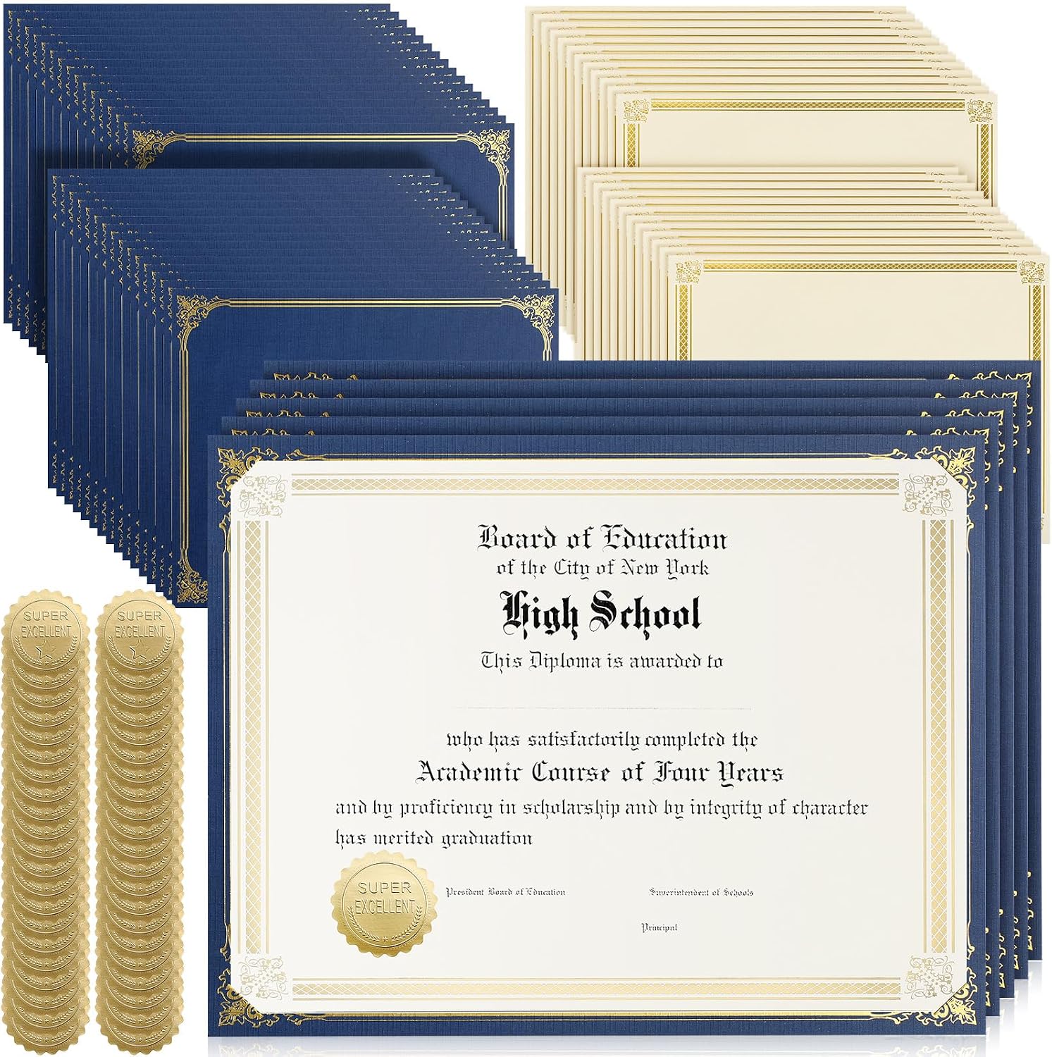 300 Pcs Linen Certificate Holders Kit 100 Gold Foil Certificate Paper 100 Single Sided Linen Diploma Holders 8.5'' x