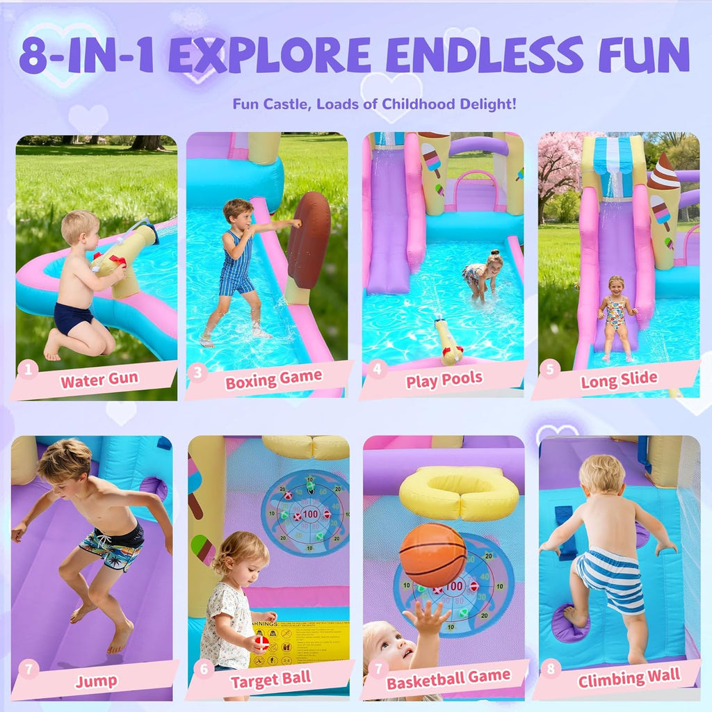 Inflatable Water Slide Bounce House, 8-in-1 Water Park with Water Cannon, Climbing Wall, Basketball Hoop & Splash