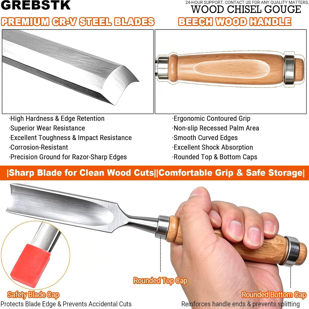 4PC Wood Chisel Gouge Set, CR-V Hardened Semi-Circular Blades, Ergo Grips | Edge Retention, Low-Vibration Cuts