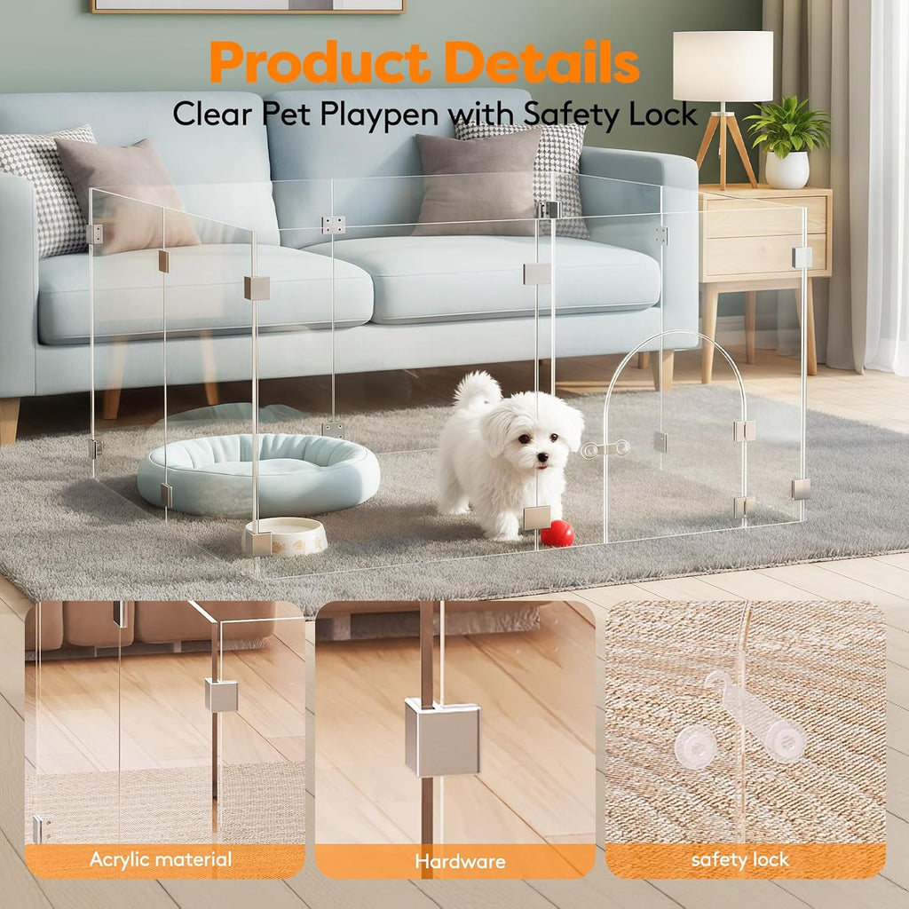 Clear Acrylic Pet Playpen with Door, 8 Panels 23.6 Inches High, Indoor Pet Fence & Crate for Puppies Small Dogs and