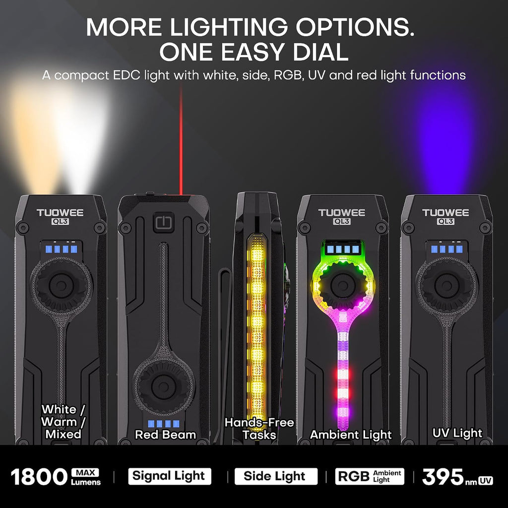 UV Flat EDC Flashlight Rechargeable 1800 High Lumens Pocket Light with RGB,Magnetic Base Small Flashlights with Dual