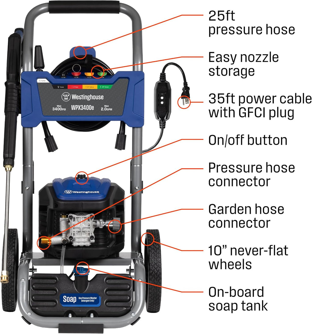 WPX3400e Electric Pressure Washer, 3400 Max PSI and 2.0 Max GPM, Brushless Motor, Onboard Soap Tank, Spray Gun and