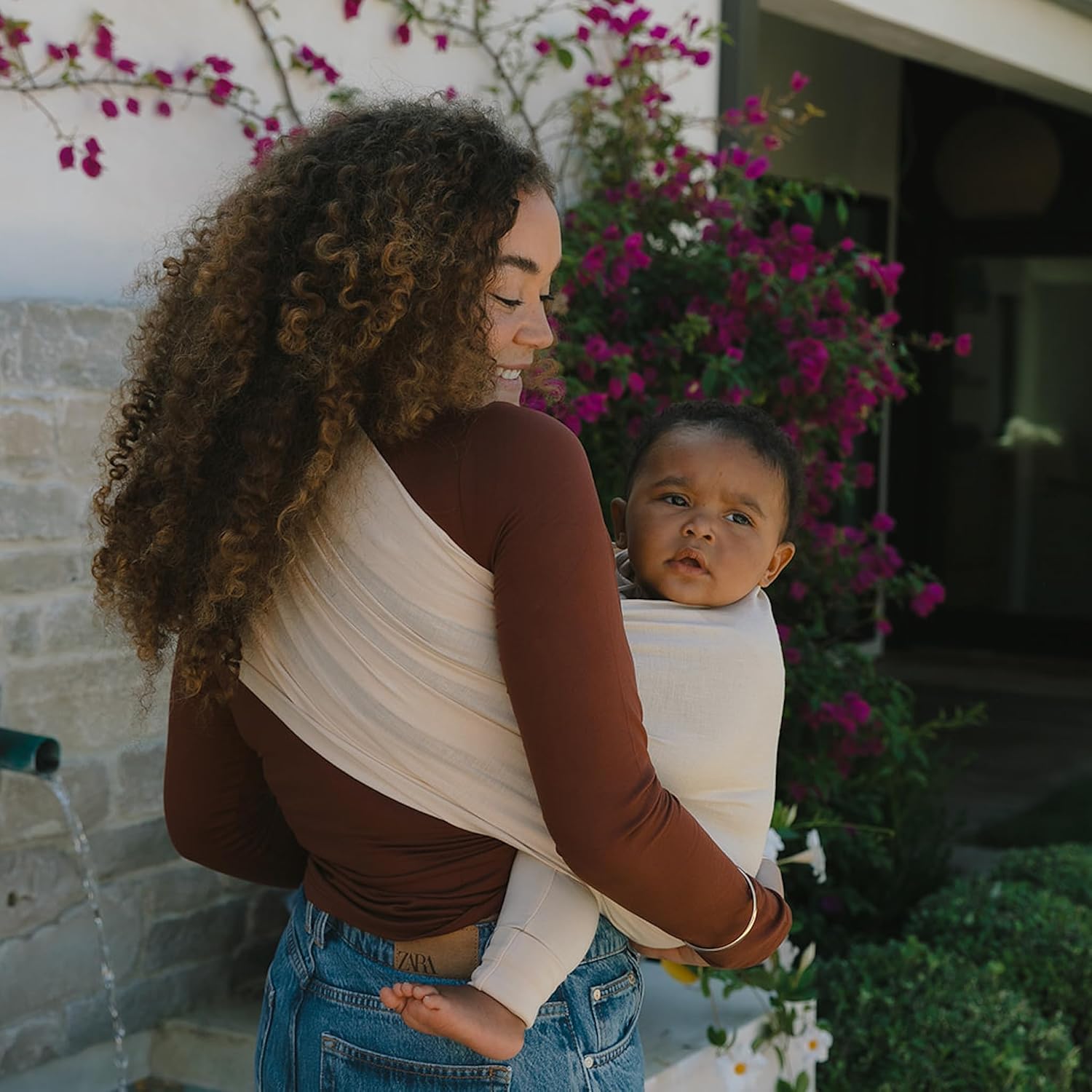 Ring Sling Baby Carrier - 0-36 Months (up to 35 lbs) - Standard (74") Sparrow & Rose Gold Ring - Front, Hip or Back