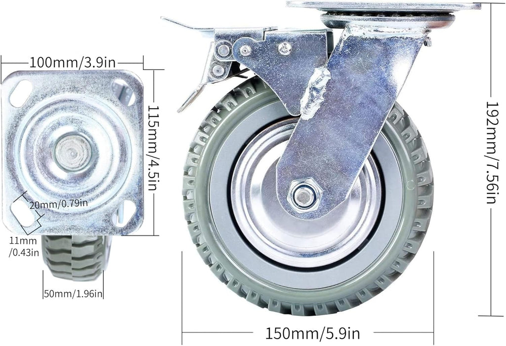 4 Pack Heavy Duty Plate Casters Set, 6 inch 360° Swivel Wheel | with Brake Anti-Skid Ball Bearing Castor Wheels(All