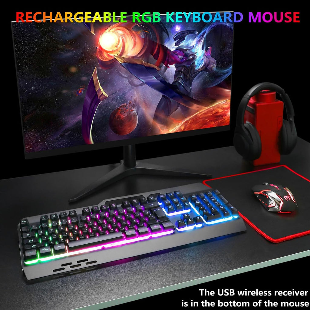Wireless RGB Gaming Keyboard and Mouse - Rechargeable Backlit,Long Battery Life,Metal Panel Mechanical Feel with Palm