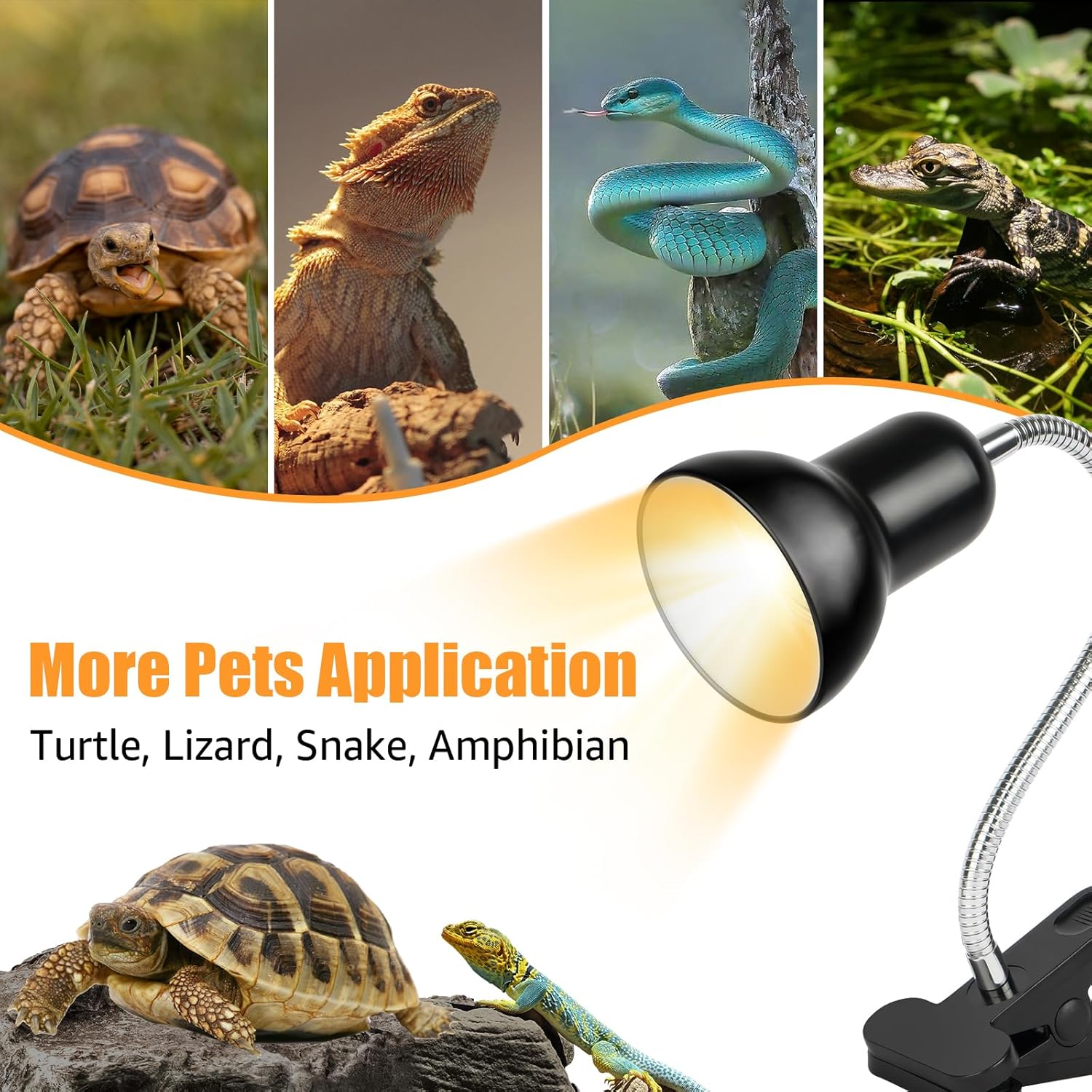 Reptile Heat Lamp UVA/UVB Light with Stepless Dimming, 360 Rotatable Gooseneck Clip-On Heating Lamp for Turtle Tank