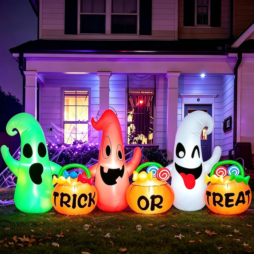 8 Ft Long Halloween Inflatables Three Ghosts with Pumpkin Candy Bags with 3 Colors Light Halloween Decorations
