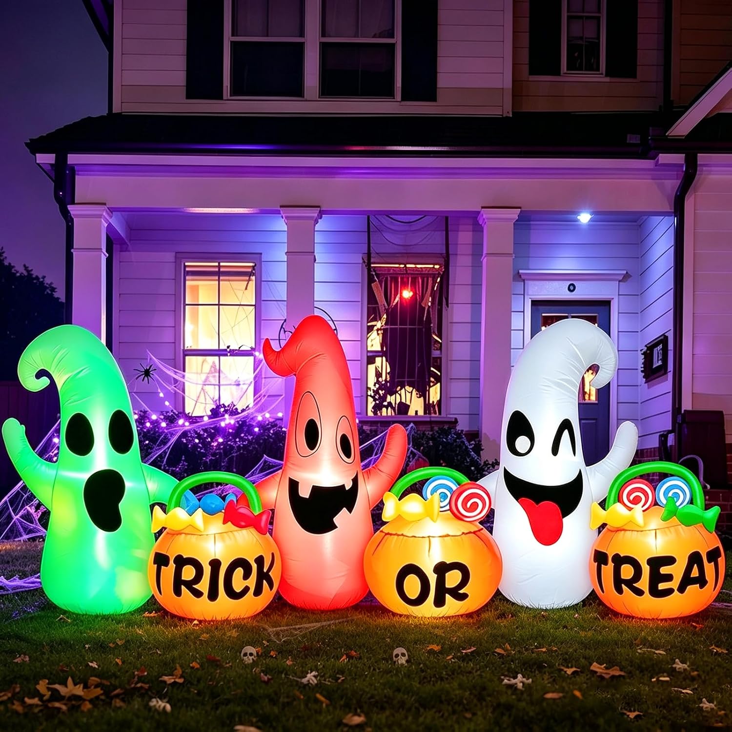8 Ft Long Halloween Inflatables Three Ghosts with Pumpkin Candy Bags with 3 Colors Light Halloween Decorations