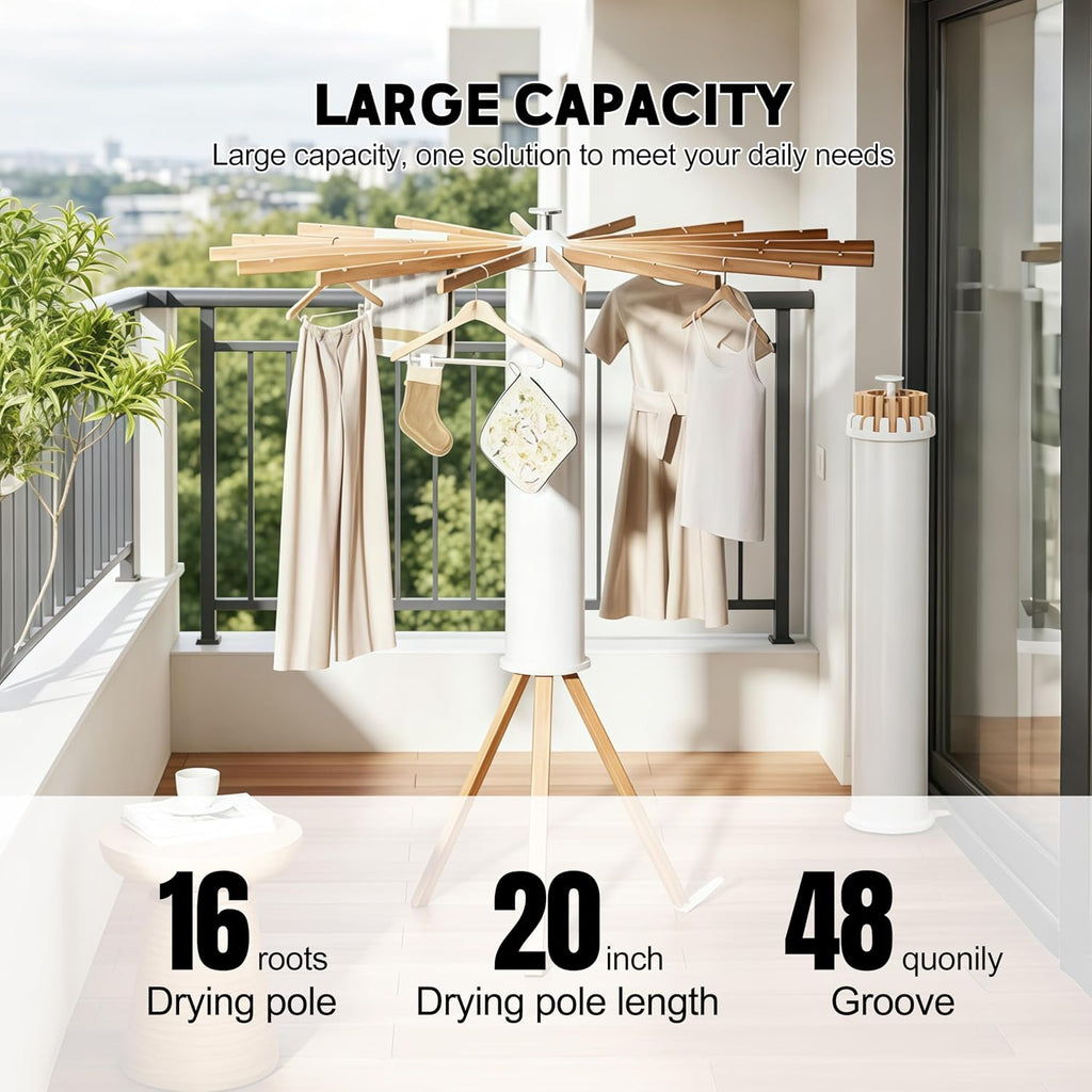 Clothes Drying Rack Foldable, Rotary Tripod Laundry Drying Rack,16 Wooden Poles,Rotatable Portable Floor Standing
