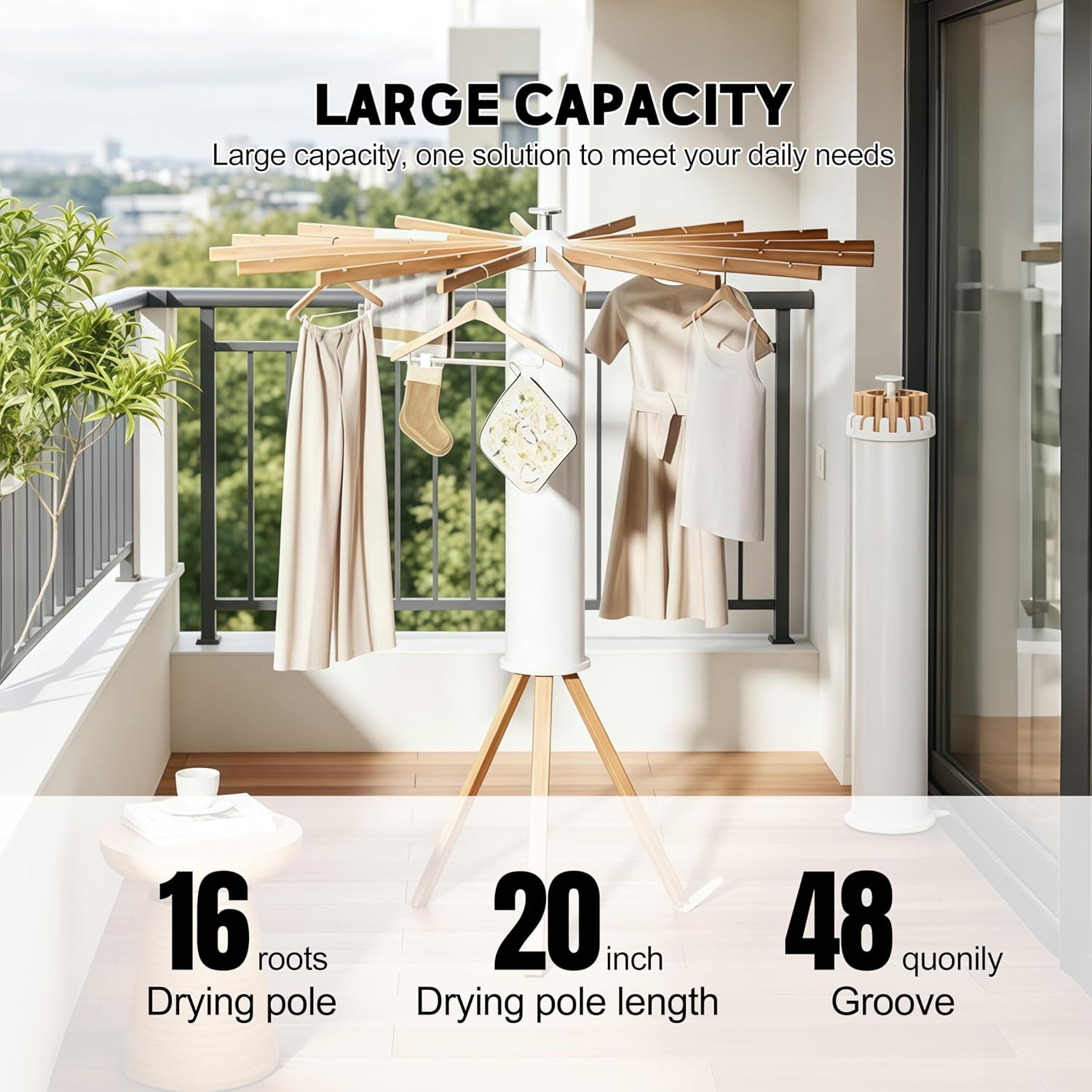 Clothes Drying Rack Foldable, Rotary Tripod Laundry Drying Rack,16 Wooden Poles,Rotatable Portable Floor Standing