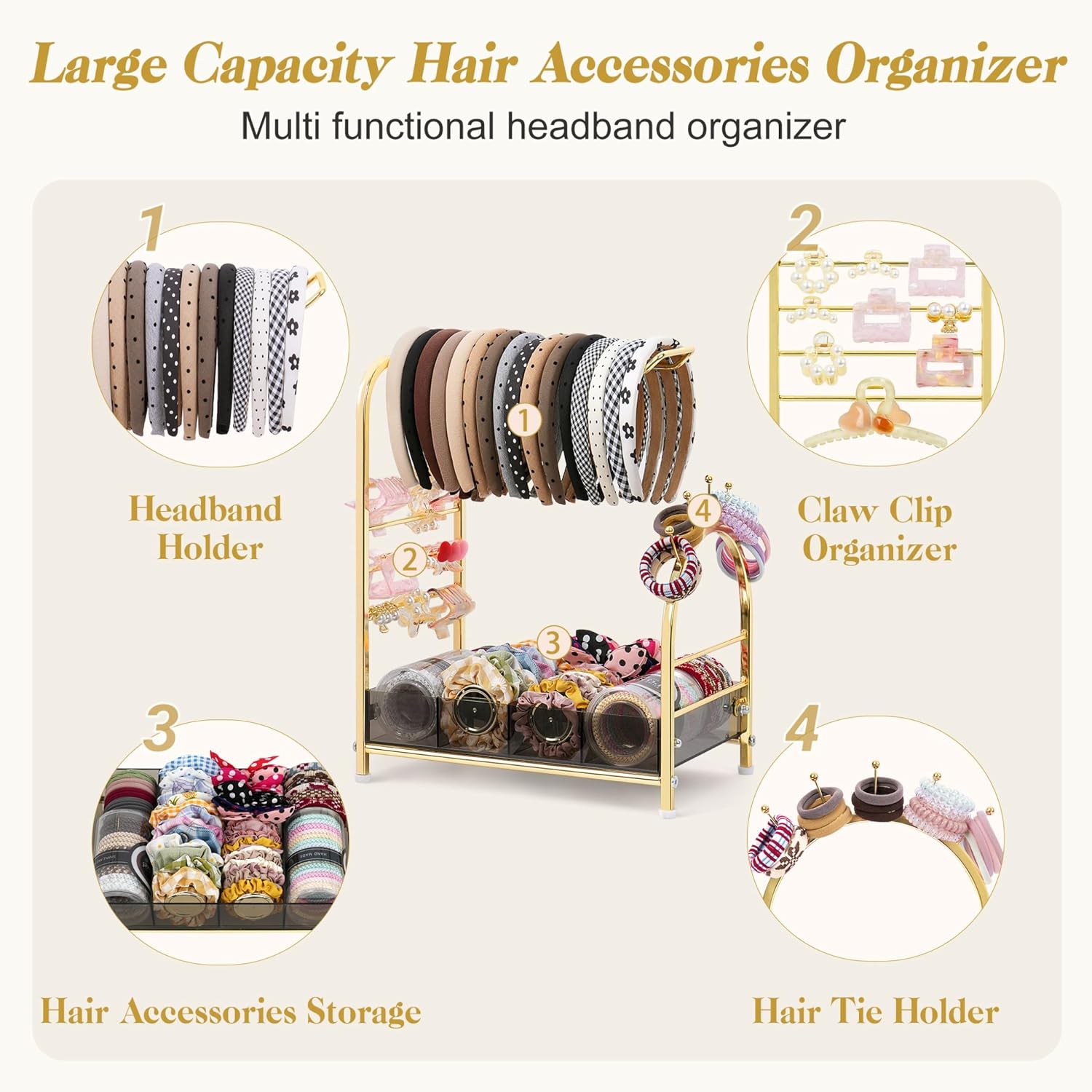 Acrylic Hair Accessories Organizer, Versatile Headband Holder Stand for Scrunchies, Bows, Claw Clips, Hair Tie