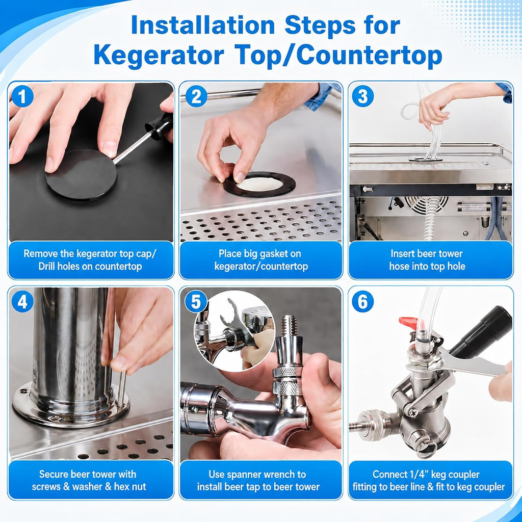 Kegerator Tower Standard 3 Tap Beer Tower with Self-Closing Beer Faucet