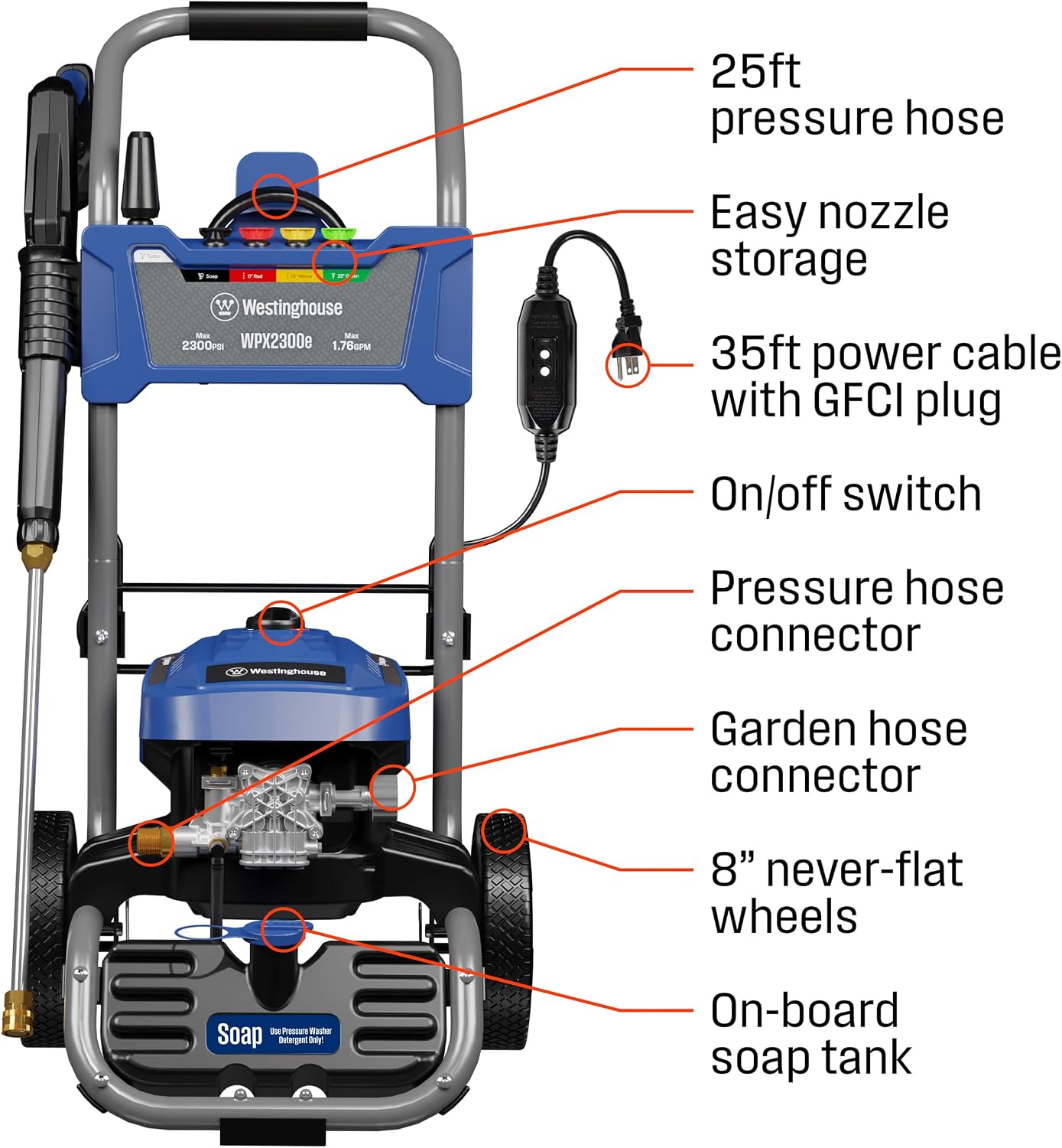 WPX2300e Electric Pressure Washer, 2300 Max PSI and 1.76 Max GPM, Induction Motor, Onboard Soap Tank, Spray Gun and