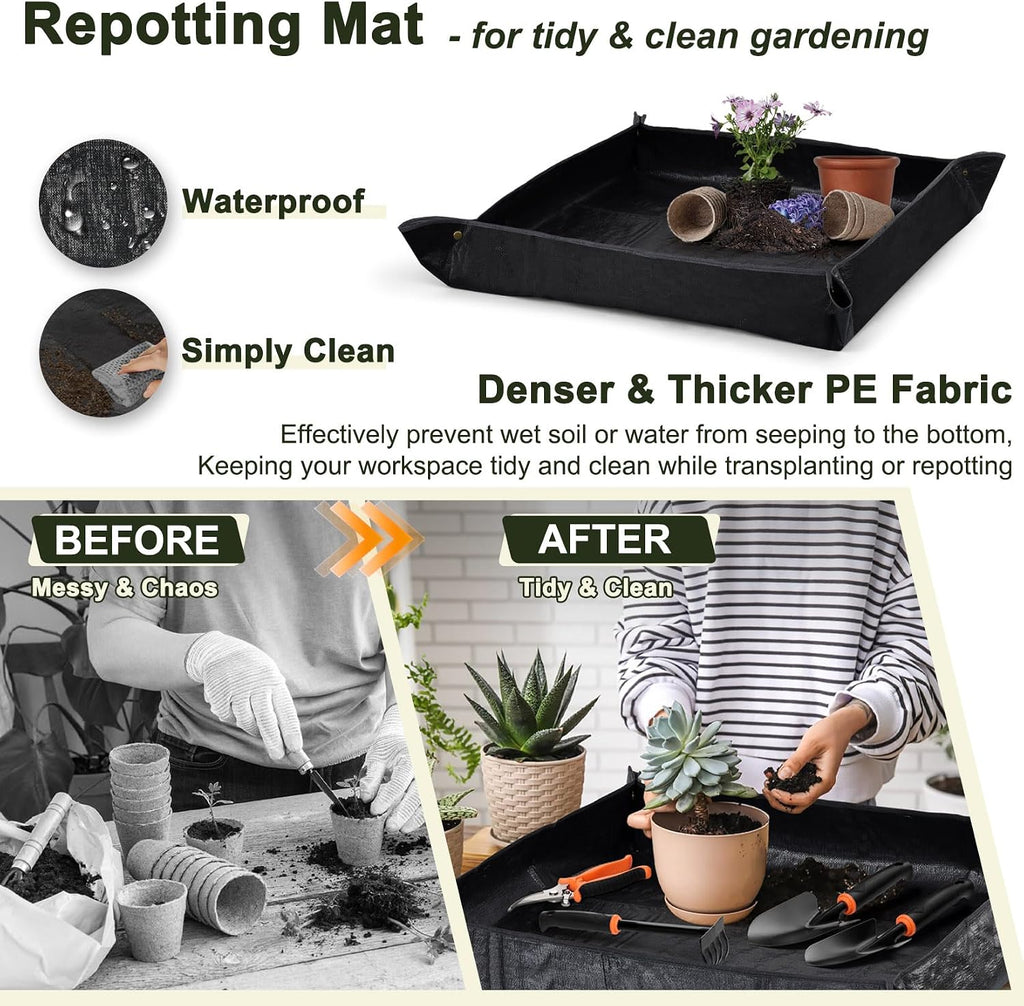Gardening Tools, 12 Pcs Heavy Duty Garden Tools Set with Repotting Mat, Transplant Shovel, Hand Rake, Pruning Shears
