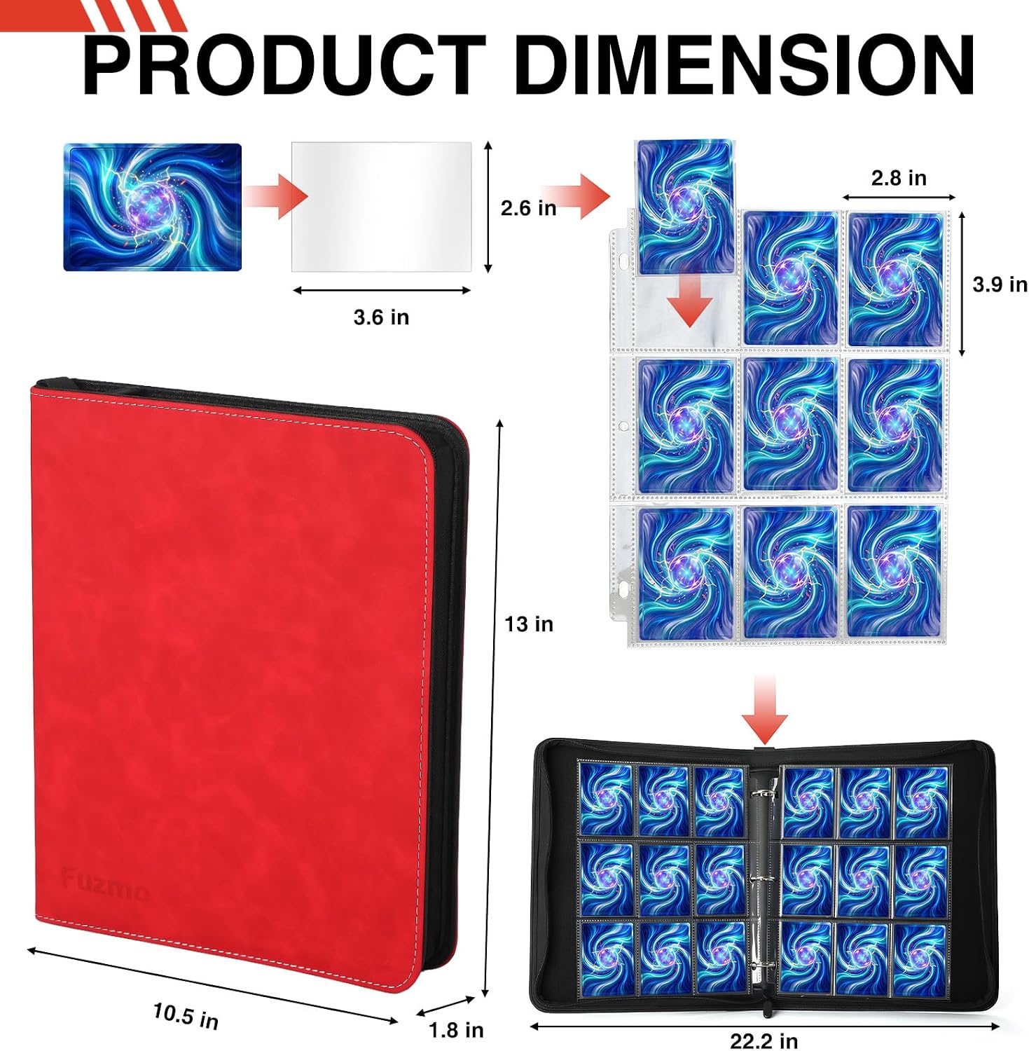 9 Pocket Trading Card Binder, 900 Cards Zip Album, Red | 50 Pcs Double Sided Sleeves, 3 Rings, Card Collection for