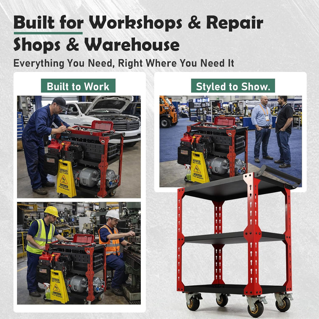 3-Tier Rolling Tool Cart on Wheels, Utility Tool Storage Cart | Heavy Duty 1250 lbs, With Pegboard