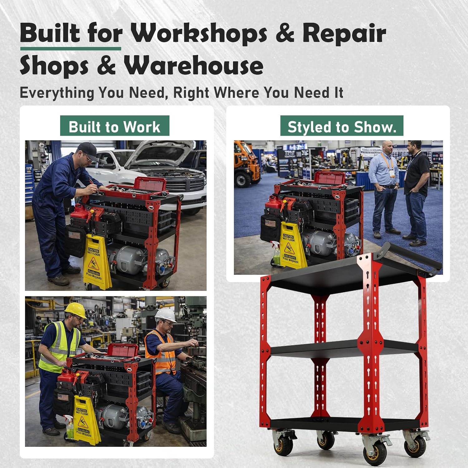 3-Tier Rolling Tool Cart on Wheels, Utility Tool Storage Cart | Heavy Duty 1250 lbs, With Pegboard