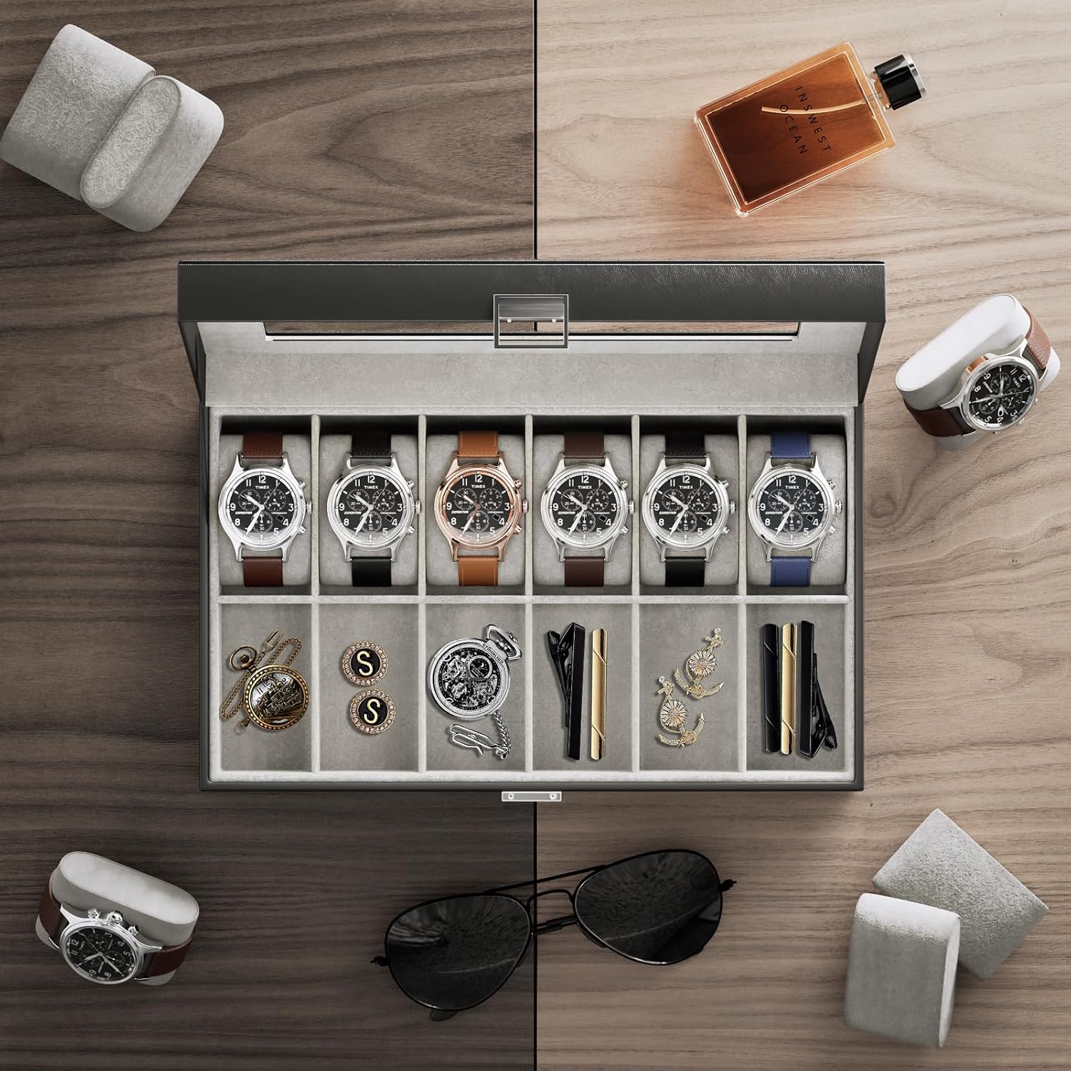 Watch Box Organizer, 12 Slot Watch Display Case, Black | Watches Storage Boxes Holder for Men Women, Large Glass Lid