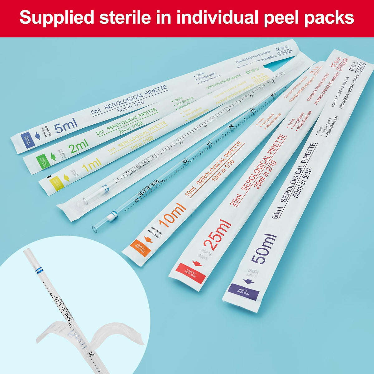 Polystyrene Serological Pipettes, Individually Wrapped, Sterile Plastic Graduated Pipette 25ml, Pack of 25