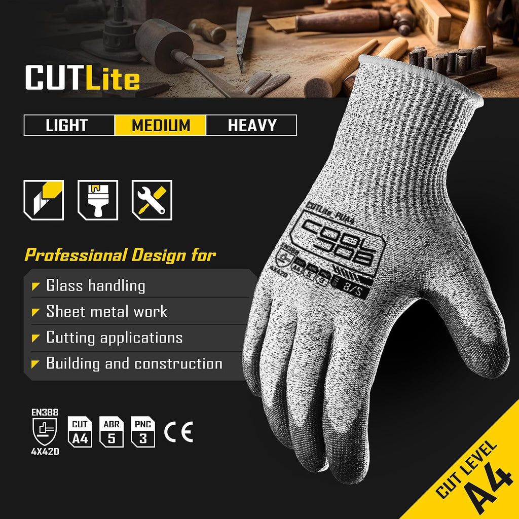 12/120 Pairs Cut Resistant Safety Work Gloves with Grip, 13 Gauge Seamless Shell with PU Coating, ANSI A2 A4 A6, Gray