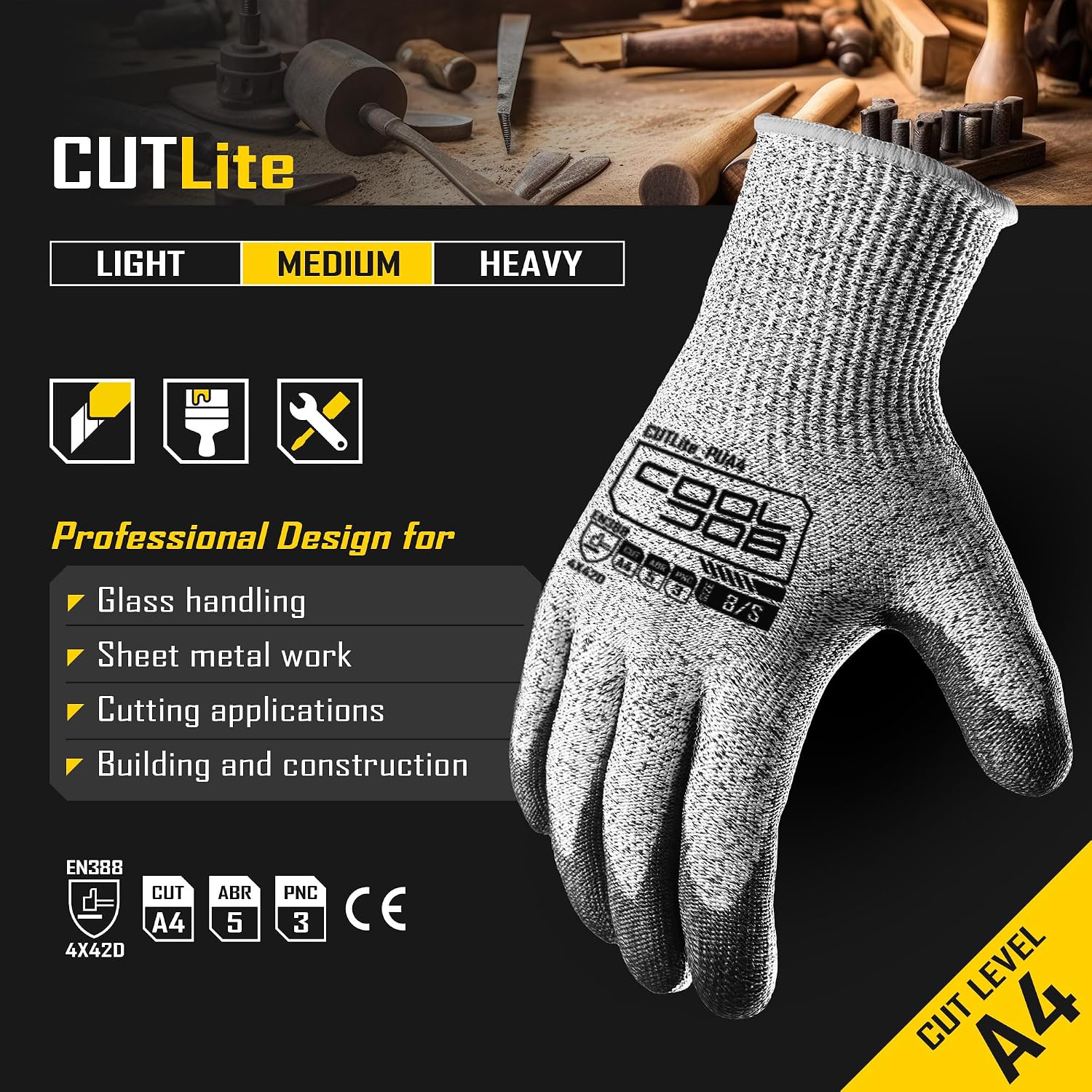 12/120 Pairs Cut Resistant Safety Work Gloves with Grip, 13 Gauge Seamless Shell with PU Coating, ANSI A2 A4 A6, Gray
