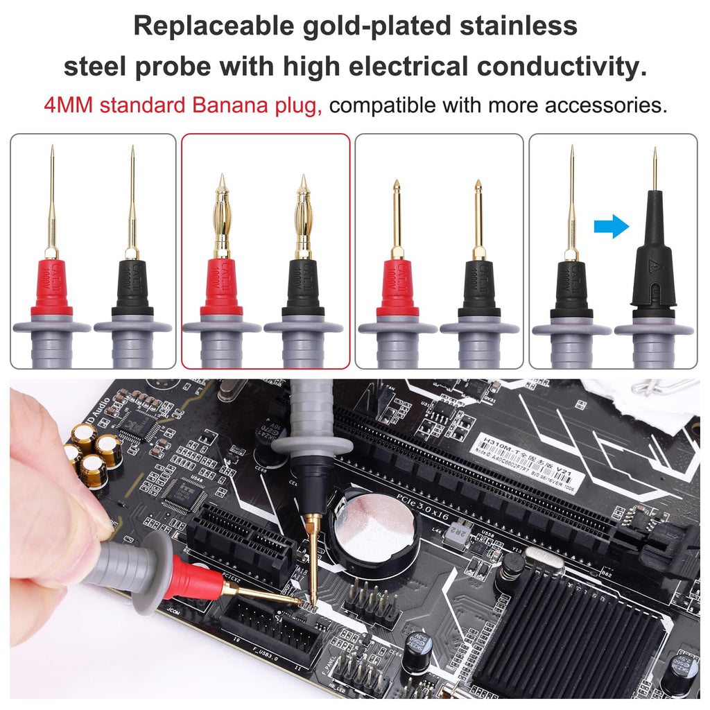 EDGELEC 28 Pcs Multimeter Test Leads Kit with Replaceable Gold-Plated Multimeter Probes, Alligator Clips, Test Hooks,Back Probe Pins with Tool Bag