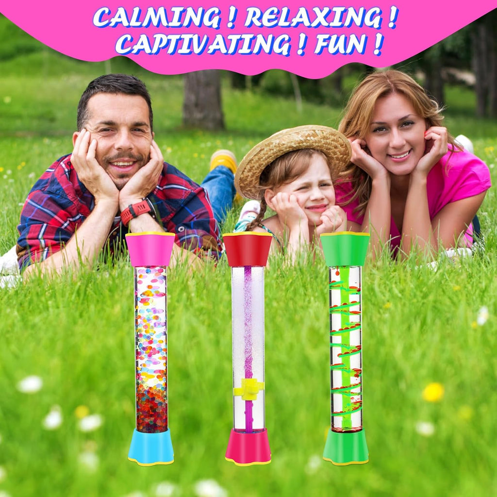 Sensory Fidget Tubes - Calming Toys for Kids & Adults- Sensory Tube with Glitter Bottle, Gravity Spinner, Bubble Drop