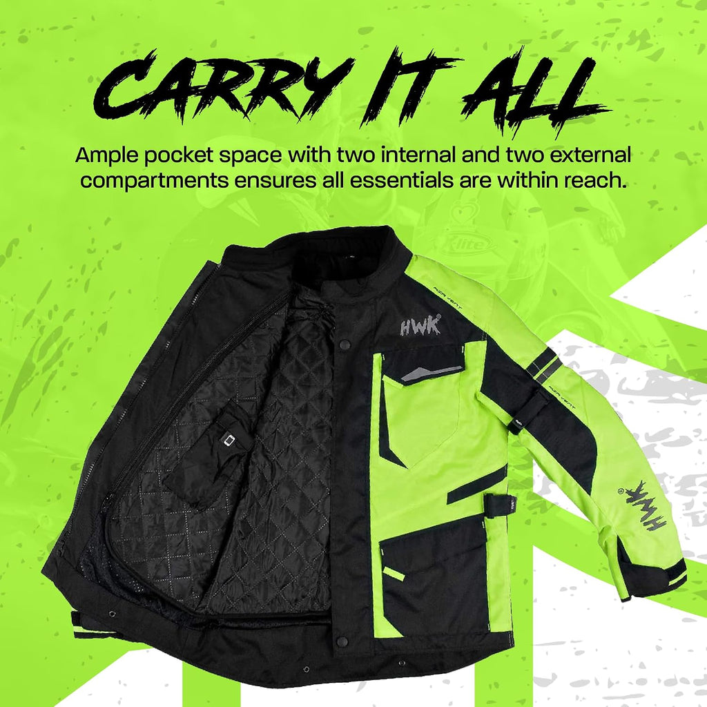 HWK Men's Motorcycle Jacket – Hi-Vis Green, XL | Cordura, CE Armor