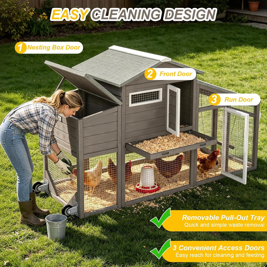 Large Wooden Chicken Coop with Run and Wheels, Grey