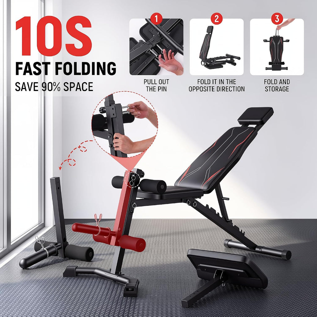 Adjustable Weight Bench with Leg Extension and Preacher Curl Pad | Foldable Workout Bench, 10 Positions Incline