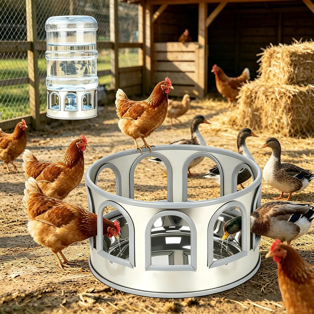 5 Gallon Chicken Waterer Base for Farm, Stainless Steel Poultry Automatic Drinker Waterer Base with 9 Guarded