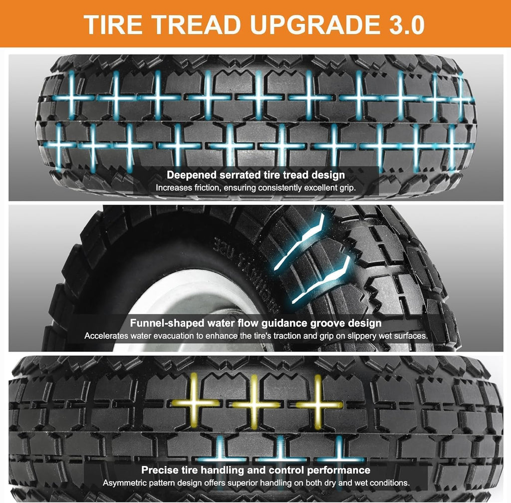 4.10/3.50-4 Tire and Dolly Wheel Flat Free - Solid Rubber Hand Truck Wheels 5/8" Axle - Gorilla Cart Tires