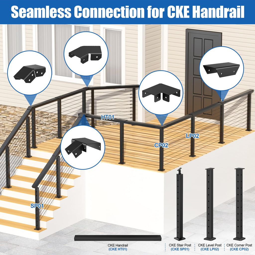 Flat Handrail Accessories, Aluminum Black Corner Connector for Handrail, 90 Degree Sleeve for Deck Cable Railing Post