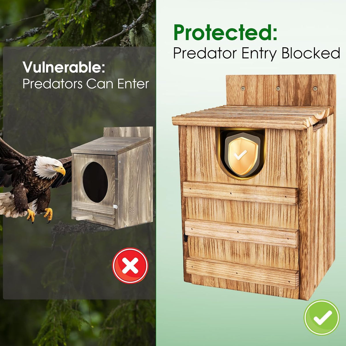 Owl House, Large Wooden Owl Nesting Box for Outside (8.7" x 7.5" x 14.2"), 3.3" Predator-Deterrent Entrance, Side