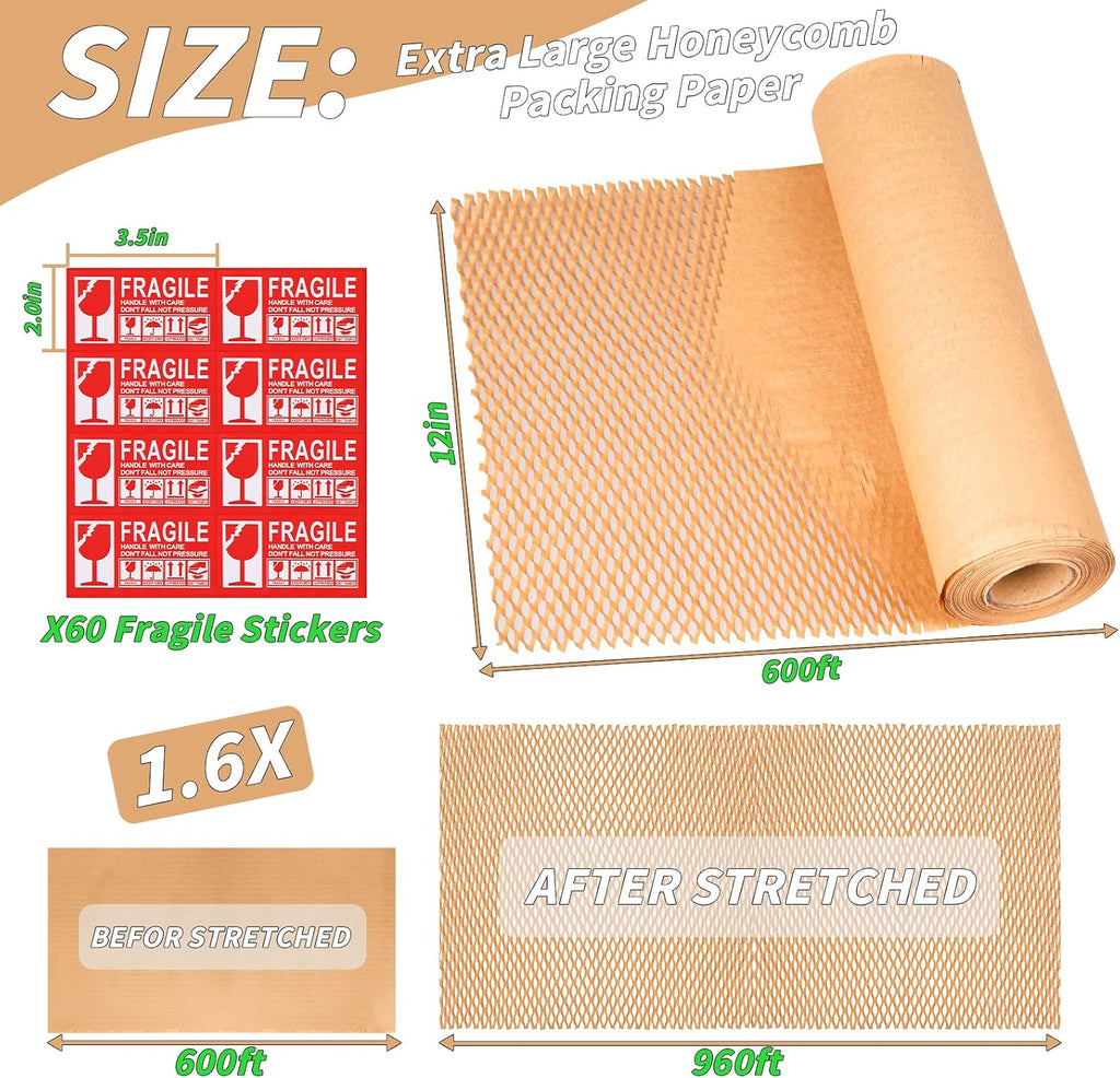 Honeycomb Packing Paper 12" x 600', Bubble Cushioning Wrap for Packing/Shipping/Moving, Eco-Friendly Bubble Packing