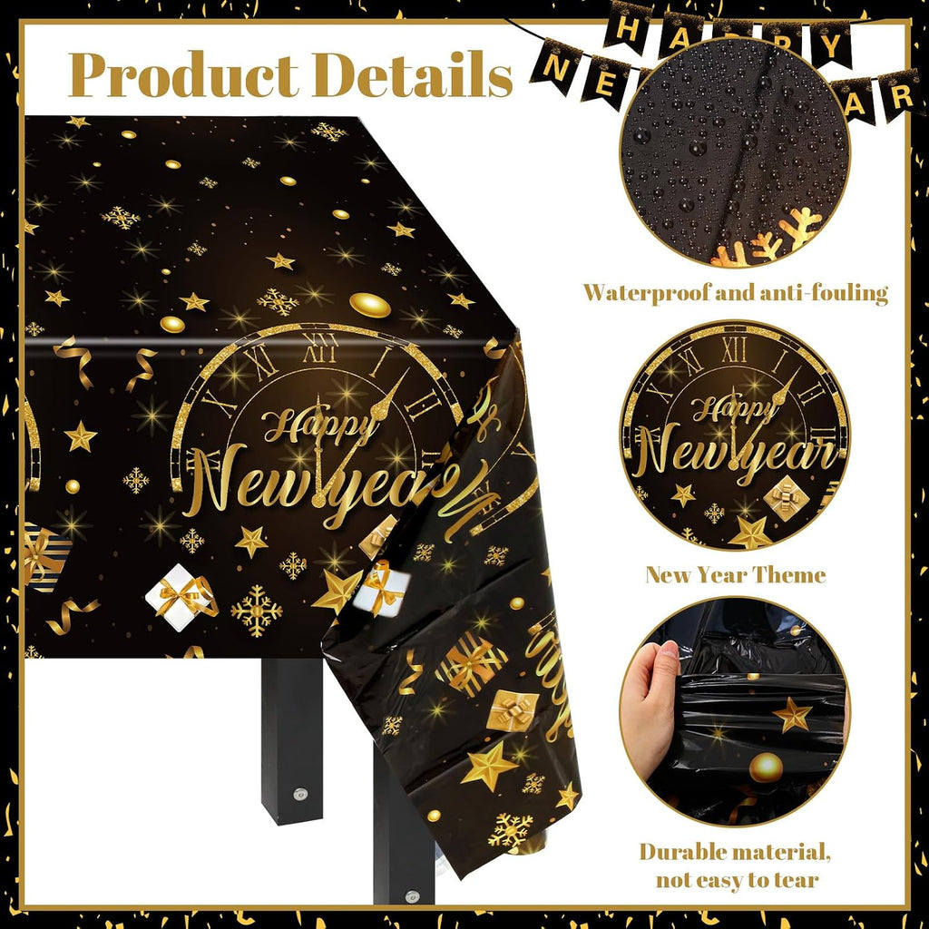 212 Pcs Happy New Years Eve Party Supplies 2026 Set- Black Gold Happy New Year Decorations Kit, Tableware Set 24