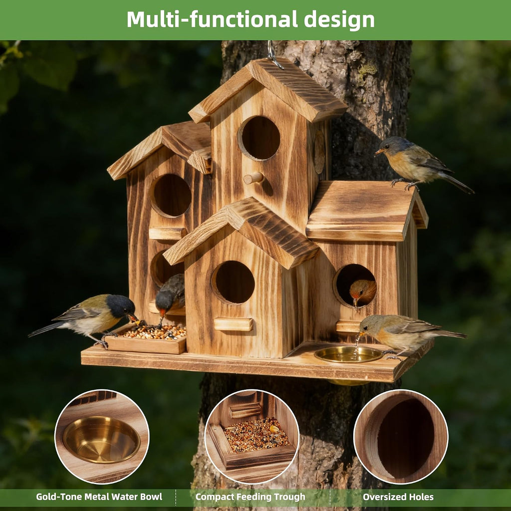 Bird House for Outside, 5 Hole Hanging Wooden Birdhouse Feeder