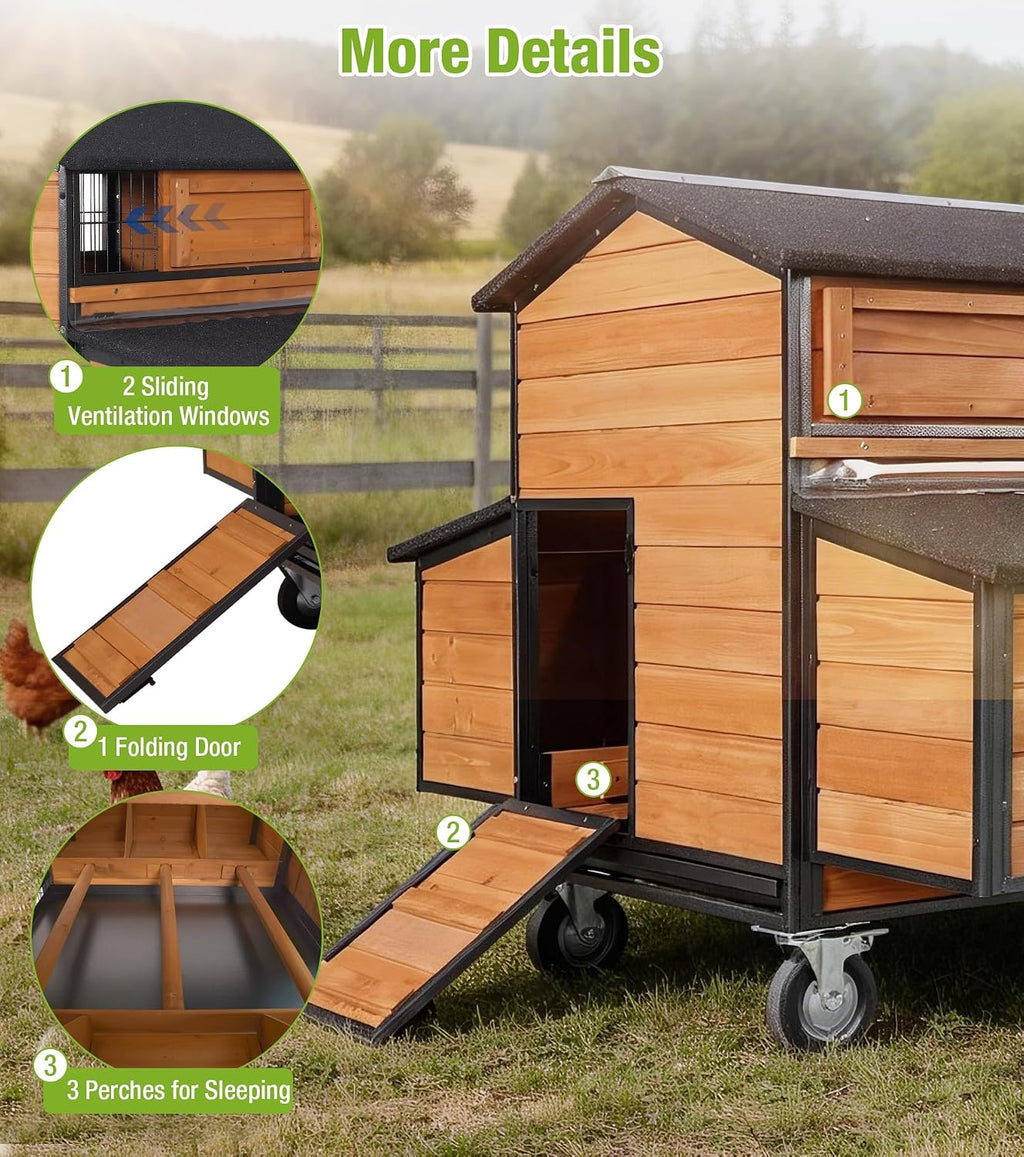 Large Chicken Coop with Run with All-Arounded Iron Frame Chicken Tractor Mobile Chicken House with Large Run and